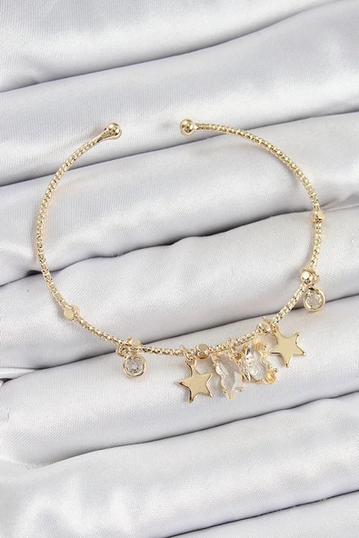 HEYF Pirinç Zirkon Taşlı Kelebek Ve Yıldız Model Gold Renk Charm Bileklik ürün görseli 1