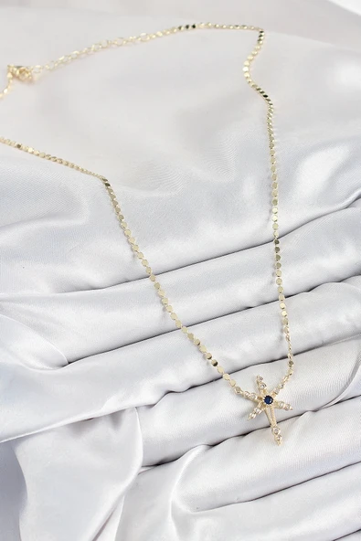HEYF Pirinç Zirkon Taşlı Kutup Yıldızı Model Ezme Zincir Gold Renk Kadın Kolye - Resim 2