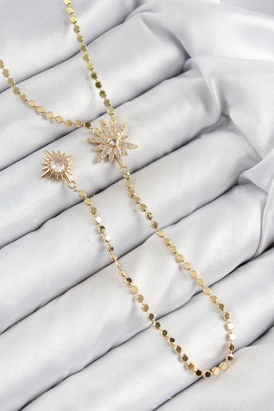 HEYF Pirinç Zirkon Taşlı Ezme Zincirli Kutup Yıldızı Model Gold Renk Y Kolye ürün görseli 1