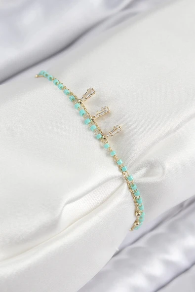 HEYF Pirinç Zirkon Taşlı Mavi Boncuklu Model Gold Renk Kadın Bileklik ürün görseli 1