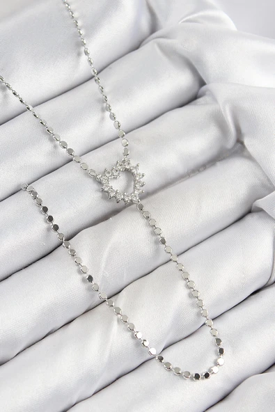 HEYF Pirinç Zirkon Taşlı Ezme Zincirli Kalp Model Gümüş Renk Y Kolye ürün görseli 1