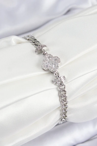 HEYF Pirinç Zirkon Taşlı Yonca Model Gümüş Renk Kadın Bileklik ürün görseli 1