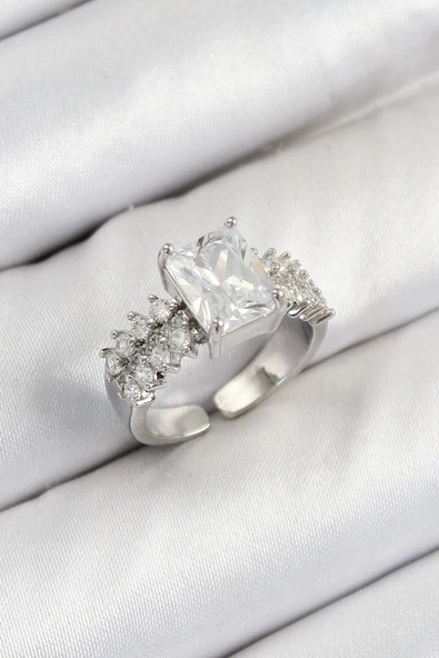 HEYF Pirinç  Büyük Zirkon Taşlı Model Gümüş Renk Kadın Yüzük ürün görseli 1