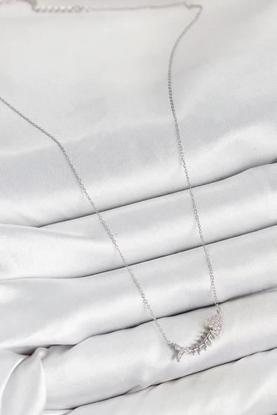 HEYF Pirinç Zirkon Taşlı Balık Kılçığı Model Gümüş Renk Kadın Kolye - Resim 2