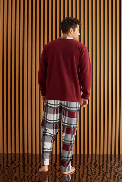 Pijamoni Erkek Düğme Yaka Kışlık Polar Pijama Takımı 6100/15 - 1 Adet  M Bordo - Resim 3