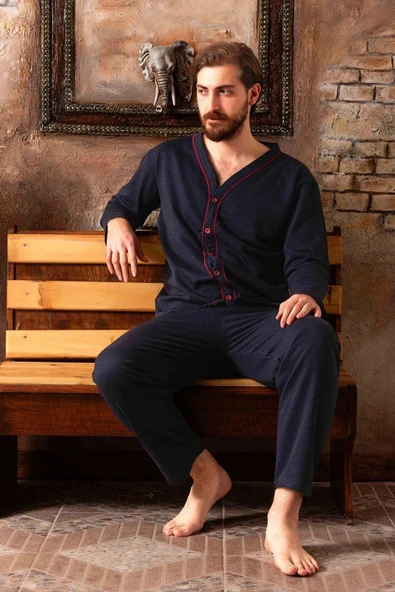 Sude Ercan Erkek Önden Düğmeli Uzun Kol İnce Pijama Takımı A301-843 - 1 Adet  Lacivert 2XL - Resim 4