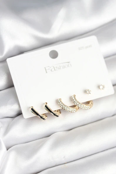 HEYF Gold Renk Pirinç Zirkon Taşlı 925 Ayar Gümüş Çivili Kadın Küpe Seti ürün görseli 1