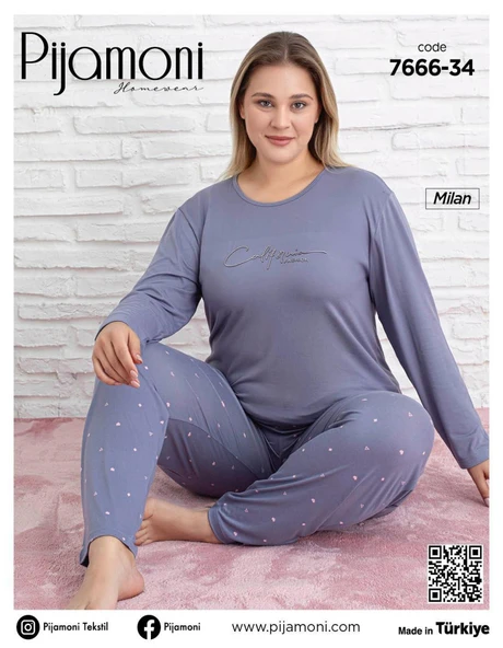 Pijamoni Kadın Milan Büyük Beden Bisiklet Yaka Uzun Kol İnce Pijama Takımı 7666/34 - 1 Adet  Lila 3XL - Resim 2
