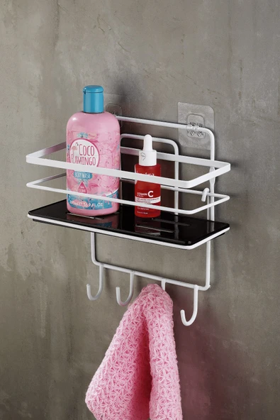 4 Kancalı Yapışkanlı Ayarlanabilir Banyo Duş Rafı – Paslanmaz Kristal Şampuanlık (Yapıştır/Vidala) Beyaz-Siyah - LŞ-01 - BSBK - Resim 5