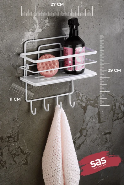 4 Kancalı Yapışkanlı Ayarlanabilir Banyo Duş Rafı – Paslanmaz Kristal Şampuanlık (Yapıştır/Vidala) Beyaz - LŞ-01 - BBBK - Resim 3