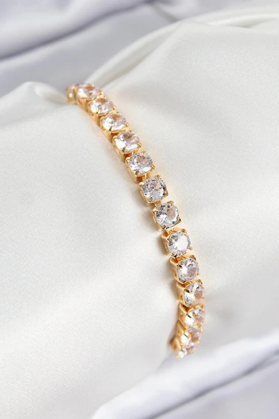 HEYF Pirinç Zirkon Taşlı Kare Model Gold Renk Asansörlü Kadın Bileklik ürün görseli 1