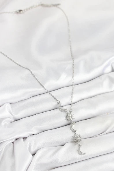 HEYF 316L Çelik Zirkon Taşlı Güneş Ve Ay Model Gümüş Renk Kadın Kolye - Resim 2