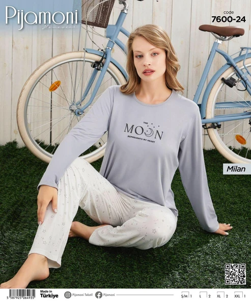 Pijamoni Kadın Milan Bisiklet Yaka Uzun Kol İnce Pijama Takımı 7600/24 - 1 Adet  XL Gri - Resim 2