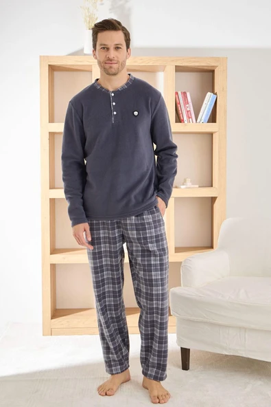 Pijamoni Erkek Düğme Yaka Kışlık Polar Pijama Takımı 6100/7.7 - 1 Adet  M Antrasit - Resim 2