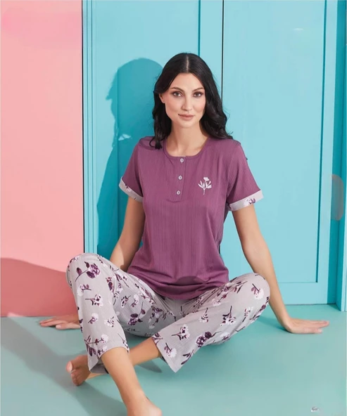 Pijamoni Kadın Viskoz Likralı Düğme Yaka Kaşkorse Patlı Kısa Kol Pijama Takımı 5520-5 / 1 Adet  L Mor ürün görseli