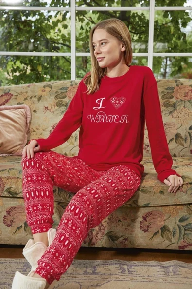 Aydoğan Kadın Bisiklet Yaka TERMAL Pijama Takımı 30000K- 1 Adet  M Kırmızı - Resim 2