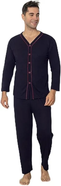 Sude Ercan Erkek Önden Düğmeli Uzun Kol İnce Pijama Takımı A301-843 - 1 Adet  Lacivert 2XL - Resim 3