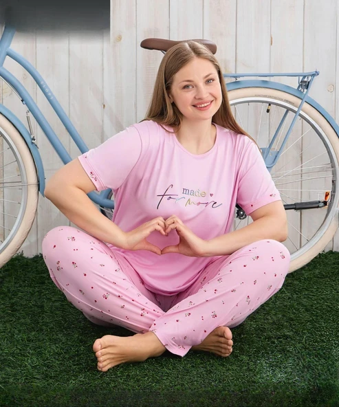 Pijamoni Kadın Milan Büyük Beden Bisiklet Yaka Kısa Kol İnce Pijama Takımı 7665/17 - 1 Adet  4XL Pembe ürün görseli
