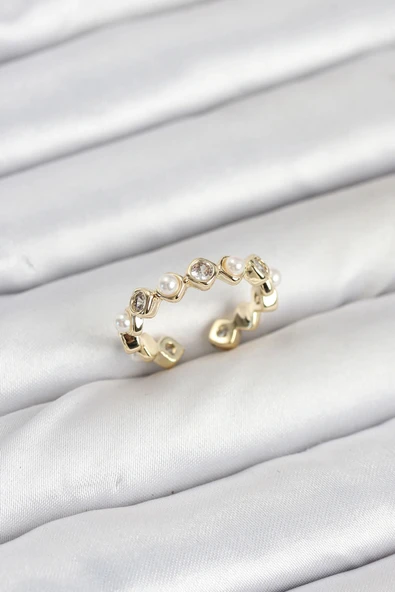 HEYF Pirinç Gold Renk Zirkon Taşlı İncili Kadın Yüzük ürün görseli 1