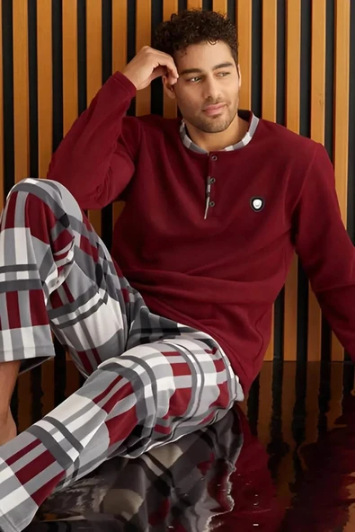Pijamoni Erkek Düğme Yaka Kışlık Polar Pijama Takımı 6100/15 - 1 Adet  XL Bordo ürün görseli