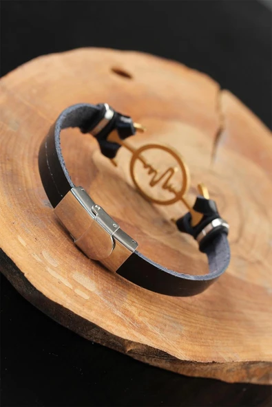 HEYF Gold Renk Metal Nabız Tasarım Siyah Renk Deri Erkek Bileklik - Resim 2