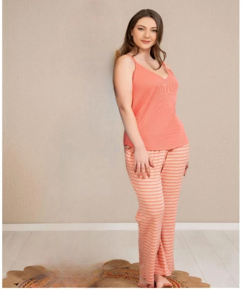 Baha Perfect Club Kadın İp Askılı V Yaka Pijama Takımı 4362K - 1 Adet  M Kiremit ürün görseli 1