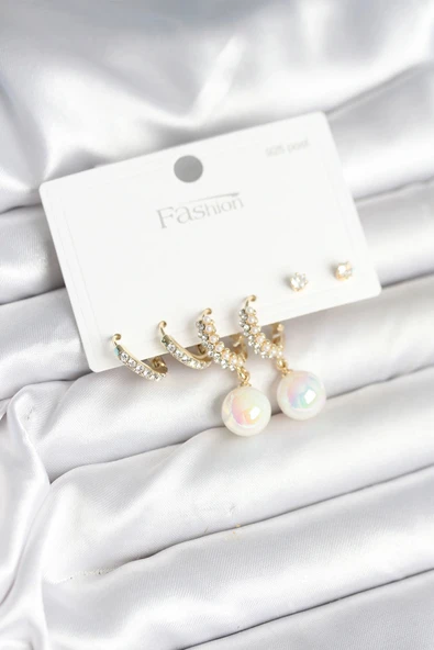 HEYF Pirinç Gold Renk İncili 925 Ayar Gümüş Çivi Kadın Küpe Seti ürün görseli 1