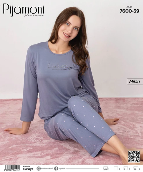 Pijamoni Kadın Milan Bisiklet Yaka Uzun Kol İnce Pijama Takımı 7600/39 - 1 Adet  L Lila - Resim 2