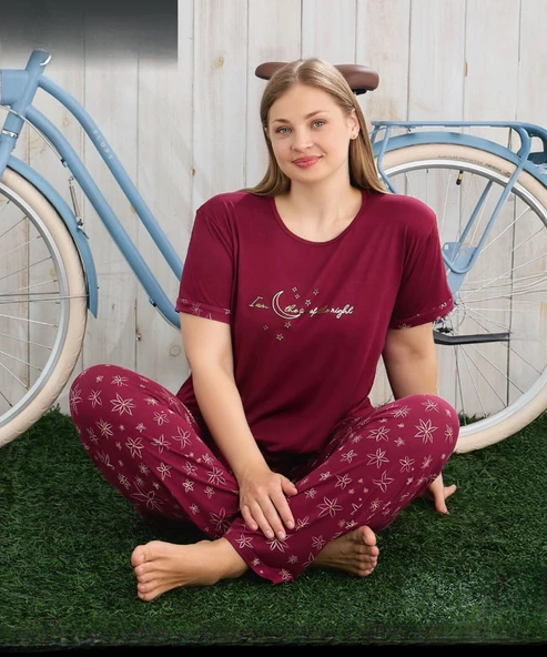 Pijamoni Kadın Milan Büyük Beden Bisiklet Yaka Kısa Kol İnce Pijama Takımı 7665/14 - 1 Adet  Bordo 5XL ürün görseli