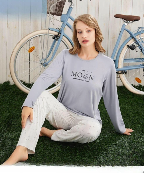 Pijamoni Kadın Milan Bisiklet Yaka Uzun Kol İnce Pijama Takımı 7600/24 - 1 Adet  XL Gri ürün görseli 1