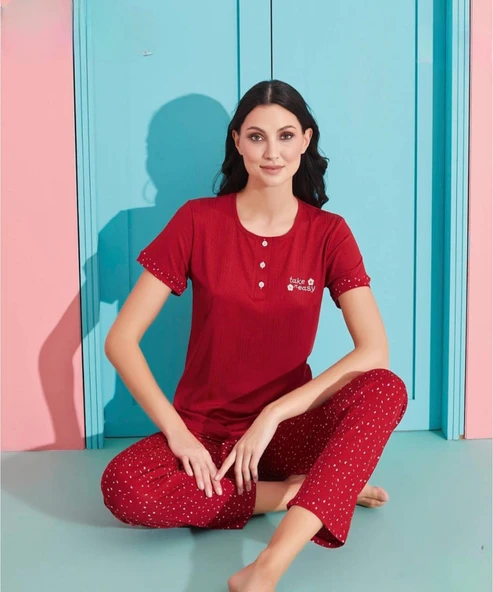 Pijamoni Kadın Viskoz Likralı Düğme Yaka Kaşkorse Patlı Kısa Kol Pijama Takımı 5520-3 / 1 Adet  XL Kırmızı ürün görseli