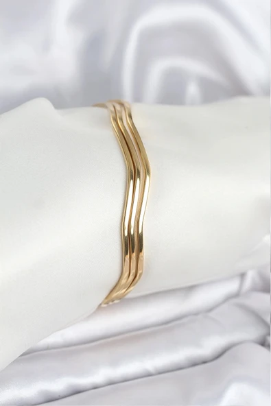 HEYF 316L Çelik Gold Renk 65 mm Ajda Zikzak Model 3lü Kadın Bileklik ürün görseli 1