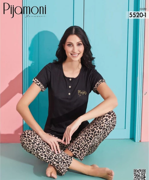 Pijamoni Kadın Viskoz Likralı Düğme Yaka Kaşkorse Patlı Kısa Kol Pijama Takımı 5520-1 / 1 Adet  XL Siyah - Resim 2