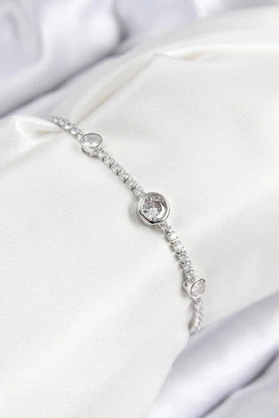 HEYF Pirinç Zirkon Taşlı Daire Model Gümüş Renk Asansörlü Kadın Bileklik ürün görseli 1