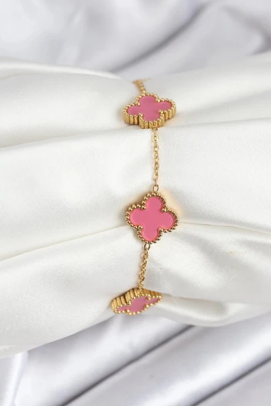 HEYF 316L Çelik Gold Zincir Pembe Yonca Renk Bileklik ürün görseli 1