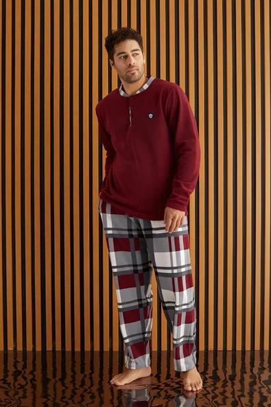 Pijamoni Erkek Düğme Yaka Kışlık Polar Pijama Takımı 6100/15 - 1 Adet  XL Bordo - Resim 2