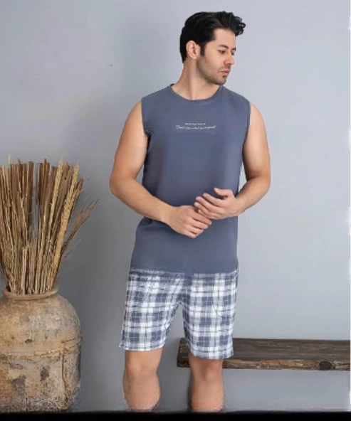 Pijamoni Erkek Bisiklet Yaka Kolsuz Şortlu Pijama Takımı 6185/11 - 1 Adet  2XL Füme ürün görseli 1