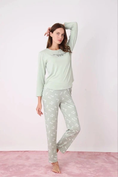 Pijamoni Kadın Milan Bisiklet Yaka Uzun Kol İnce Pijama Takımı 7600/33 - 1 Adet  S - M Su Yeşil - Resim 3