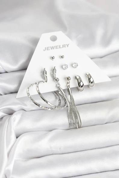 HEYF Gümüş Renk Pirinç 6 Çiftli Kadın Küpe Seti ürün görseli 1