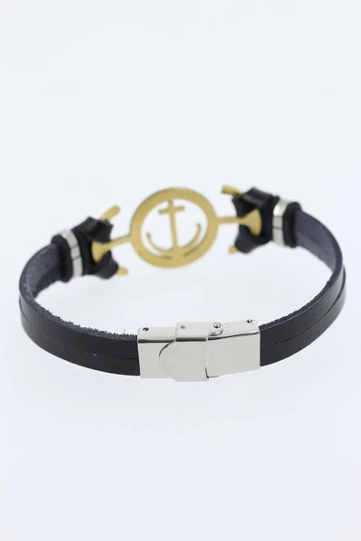 HEYF Gold Renk Deniz Çapası Figürlü Metal Aksesuarlı Siyah Renk Deri Erkek Bileklik - Resim 2