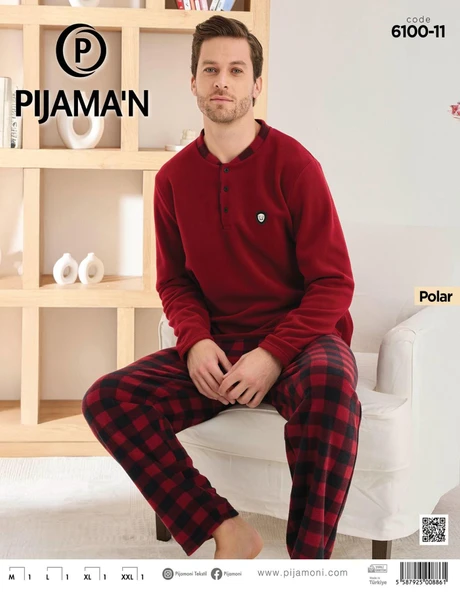 Pijamoni Erkek Düğme Yaka Kışlık Polar Pijama Takımı 6100/11,1 - 1 Adet  Bordo 2XL - Resim 2