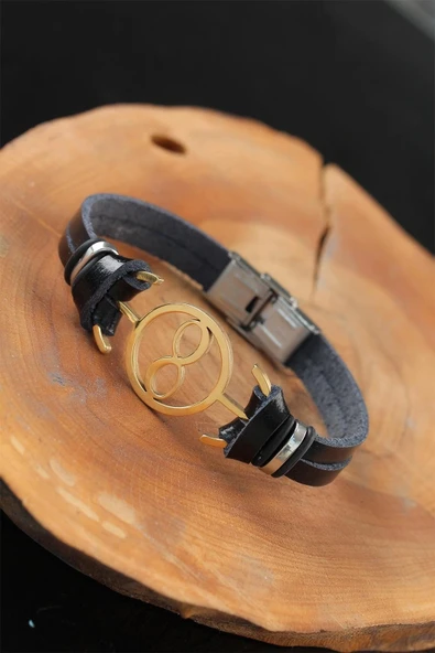 HEYF Gold Renk Sonsuzluklu Metal Aksesuarlı Siyah Renk Deri Erkek Bileklik ürün görseli 1