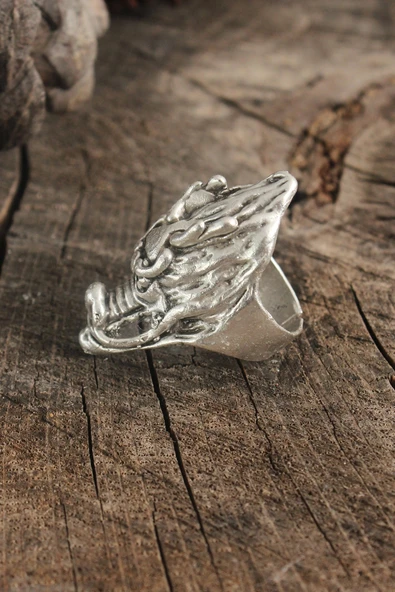 HEYF Antik Gümüş Renk Ejderha Kafası Model Ayarlanabilir Erkek Yüzük - Resim 2
