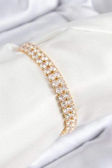 HEYF Pirinç Zirkon Taşlı Çift Sıra Kare Model Gold Renk Asansörlü Kadın Bileklik ürün görseli 1