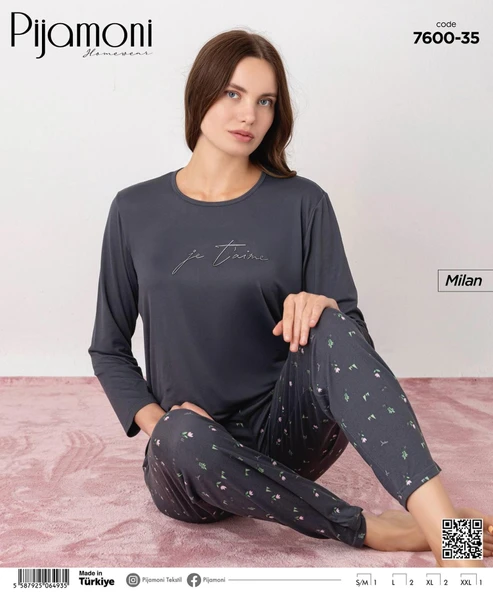 Pijamoni Kadın Milan Bisiklet Yaka Uzun Kol İnce Pijama Takımı 7600/35 - 1 Adet  XL Füme - Resim 2