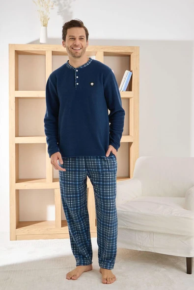 Pijamoni Erkek Düğme Yaka Kışlık Polar Pijama Takımı 6100/5,5 - 1 Adet  L Lacivert - Resim 2