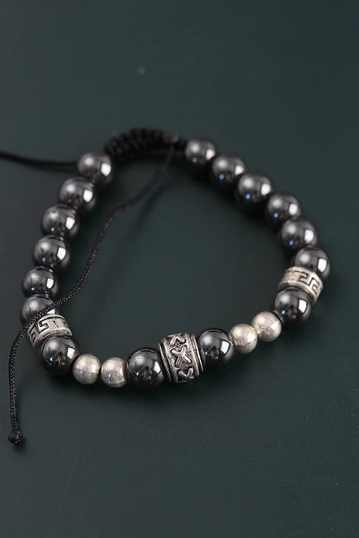 HEYF Doğal Taş X Model Antrasit Renk Asansörlü Erkek Bileklik - Resim 2