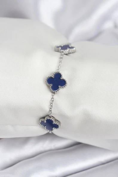 HEYF 316L Çelik Zincir Gümüş Renk Lacivert Yonca Kadın Bileklik ürün görseli 1