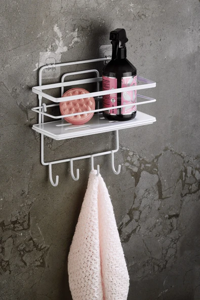 4 Kancalı Yapışkanlı Ayarlanabilir Banyo Duş Rafı – Paslanmaz Kristal Şampuanlık (Yapıştır/Vidala) Beyaz - LŞ-01 - BBBK - Resim 4