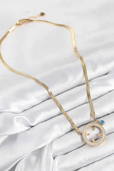 HEYF 316L Çelik Zirkon Taşlı Çeyrek Takılabilir Gold Renk Kadın Kolye - Resim 2